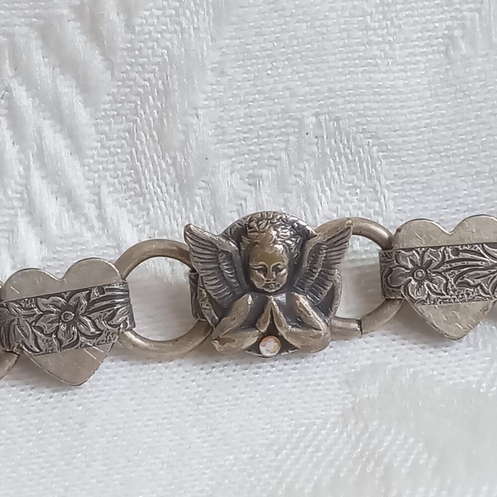 Vintage Top Shelf praying guardian angel rhinestone scroll heart  Bracelet 7 1/4
